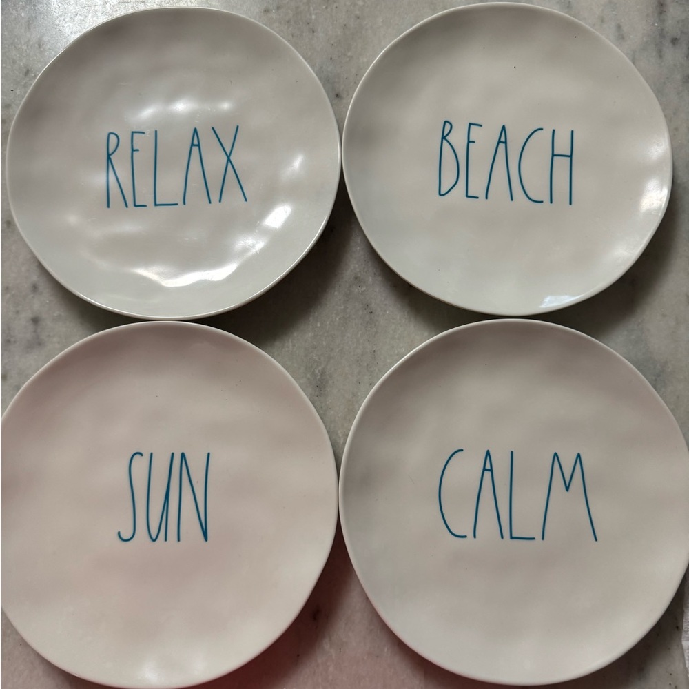 Rae Dunn Set of Four White Plates with Blue Text